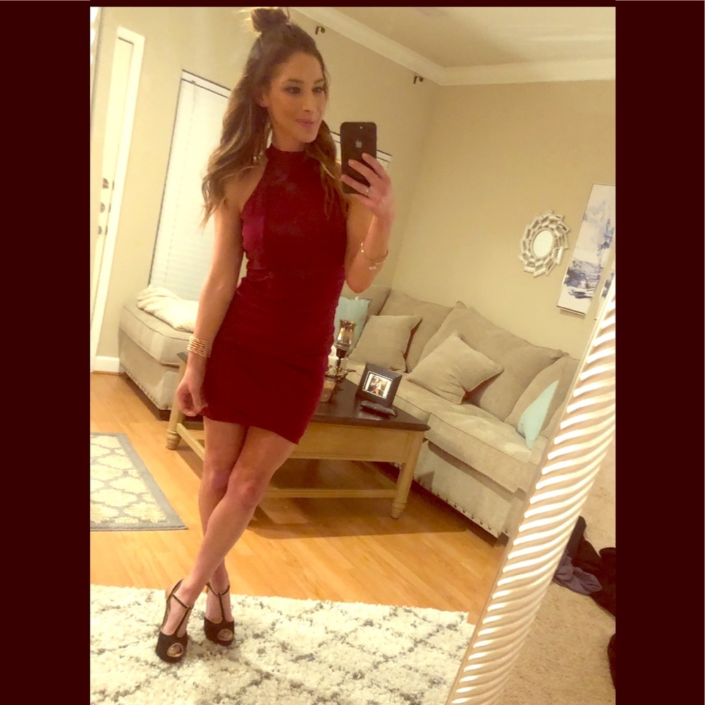 Maroon, halter slim fitting pencil dress
